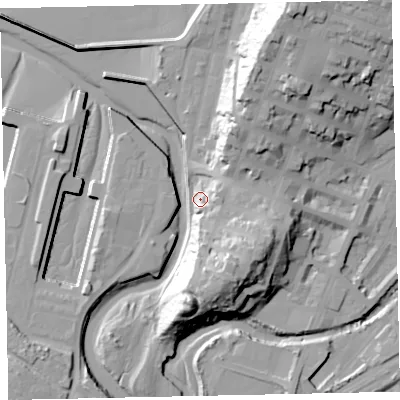 Shaded relief map of the ground around CA156AE, computed from Environment Agency LiDAR. The ground here sits at about 10 m above sea level and falls 41 m across the surrounding 800 m. Surface water reaching this point runs off ground lying to the south-east, 20.5 m higher.