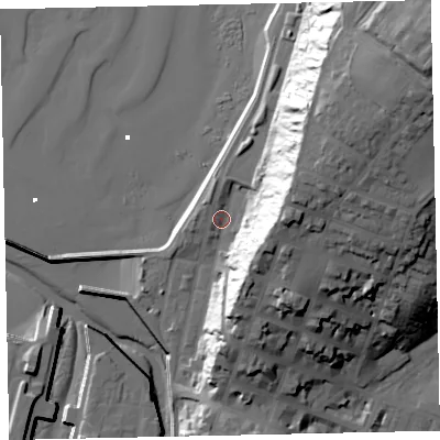 Shaded relief map of the ground around CA156AH, computed from Environment Agency LiDAR. The ground here sits at about 7 m above sea level and falls 55 m across the surrounding 800 m. Surface water reaching this point runs off ground lying to the east-north-east, 32.2 m higher.