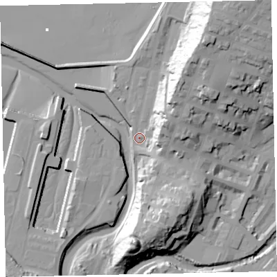 Shaded relief map of the ground around CA156AJ, computed from Environment Agency LiDAR. The ground here sits at about 7 m above sea level and falls 46 m across the surrounding 800 m. Surface water reaching this point runs off ground lying to the north-north-east, 31.3 m higher.