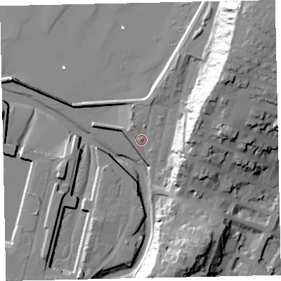 Shaded relief map of the ground around CA156AN, computed from Environment Agency LiDAR. The ground here sits at about 7 m above sea level and falls 48 m across the surrounding 800 m. Surface water reaching this point runs off ground lying to the north-north-west, 2.5 m higher.
