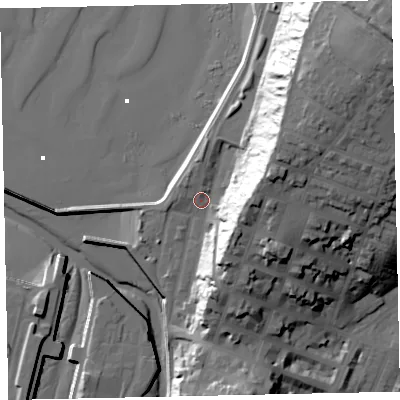 Shaded relief map of the ground around CA156AS, computed from Environment Agency LiDAR. The ground here sits at about 7 m above sea level and falls 54 m across the surrounding 800 m. Surface water reaching this point runs off ground lying to the east-north-east, 32.5 m higher.