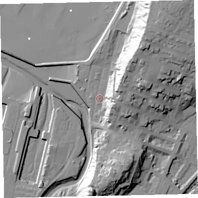 Shaded relief map of the ground around CA156AT, computed from Environment Agency LiDAR. The ground here sits at about 7 m above sea level and falls 49 m across the surrounding 800 m. Surface water reaching this point runs off ground lying to the north-east, 32.6 m higher.
