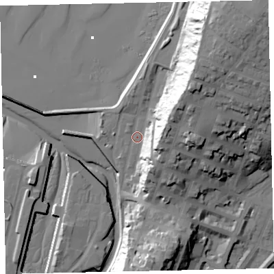 Shaded relief map of the ground around CA156AU, computed from Environment Agency LiDAR. The ground here sits at about 7 m above sea level and falls 51 m across the surrounding 800 m. Surface water reaching this point runs off ground lying to the north-east, 32.5 m higher.