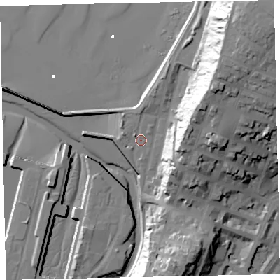 Shaded relief map of the ground around CA156AW, computed from Environment Agency LiDAR. The ground here sits at about 6 m above sea level and falls 50 m across the surrounding 800 m. Surface water reaching this point runs off ground lying to the west-north-west, 2.5 m higher.