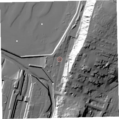 Shaded relief map of the ground around CA156AX, computed from Environment Agency LiDAR. The ground here sits at about 7 m above sea level and falls 53 m across the surrounding 800 m. Surface water reaching this point runs off ground lying to the east-north-east, 32.5 m higher.