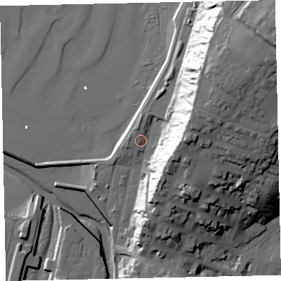 Shaded relief map of the ground around CA156AZ, computed from Environment Agency LiDAR. The ground here sits at about 8 m above sea level and falls 55 m across the surrounding 800 m. Surface water reaching this point runs off ground lying to the east-north-east, 32.2 m higher.