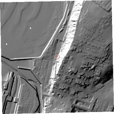 Shaded relief map of the ground around CA156BD, computed from Environment Agency LiDAR. The ground here sits at about 8 m above sea level and falls 55 m across the surrounding 800 m. Surface water reaching this point runs off ground lying to the north-east, 32.2 m higher.