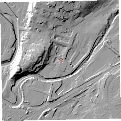 Shaded relief map of the ground around CA156DA, computed from Environment Agency LiDAR. The ground here sits at about 8 m above sea level and falls 33 m across the surrounding 800 m. Surface water reaching this point runs off ground lying to the west-north-west, 16.8 m higher.