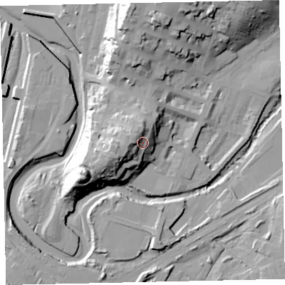 Shaded relief map of the ground around CA156DG, computed from Environment Agency LiDAR. The ground here sits at about 19 m above sea level and falls 34 m across the surrounding 800 m. Surface water reaching this point runs off ground lying to the west, 8.3 m higher.