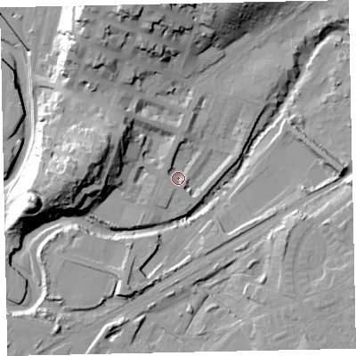 Shaded relief map of the ground around CA156LR, computed from Environment Agency LiDAR. The ground here sits at about 6 m above sea level and falls 33 m across the surrounding 800 m. Surface water reaching this point runs off ground lying to the north-north-west, 3.6 m higher.