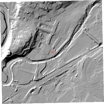 Shaded relief map of the ground around CA156LS, computed from Environment Agency LiDAR. The ground here sits at about 8 m above sea level and falls 33 m across the surrounding 800 m. Surface water reaching this point runs off ground lying to the north-north-east, 2.5 m higher.