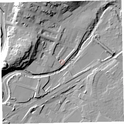 Shaded relief map of the ground around CA156LT, computed from Environment Agency LiDAR. The ground here sits at about 6 m above sea level and falls 33 m across the surrounding 800 m. Surface water reaching this point runs off ground lying to the north-north-west, 23.9 m higher.
