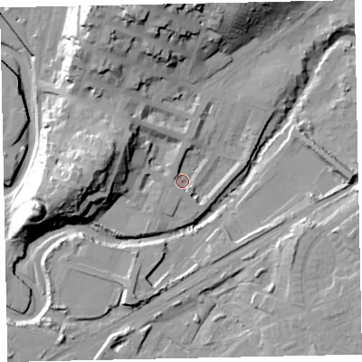 Shaded relief map of the ground around CA156LW, computed from Environment Agency LiDAR. The ground here sits at about 6 m above sea level and falls 33 m across the surrounding 800 m. Surface water reaching this point runs off ground lying to the north-north-west, 3.6 m higher.