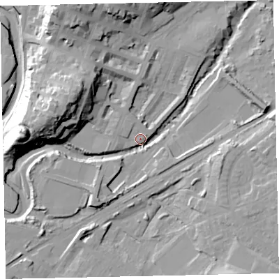 Shaded relief map of the ground around CA156LX, computed from Environment Agency LiDAR. The ground here sits at about 7 m above sea level and falls 33 m across the surrounding 800 m. Surface water reaching this point runs off ground lying to the east, 12.6 m higher.
