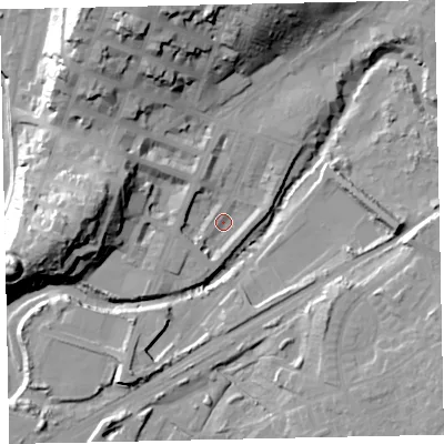 Shaded relief map of the ground around CA156LZ, computed from Environment Agency LiDAR. The ground here sits at about 6 m above sea level and falls 33 m across the surrounding 800 m. Surface water reaching this point runs off ground lying to the west-south-west, 2.9 m higher.