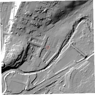 Shaded relief map of the ground around CA156NA, computed from Environment Agency LiDAR. The ground here sits at about 7 m above sea level and falls 36 m across the surrounding 800 m. Surface water reaching this point runs off ground lying to the north, 29.4 m higher.