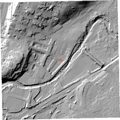 Shaded relief map of the ground around CA156NB, computed from Environment Agency LiDAR. The ground here sits at about 6 m above sea level and falls 30 m across the surrounding 800 m. Surface water reaching this point runs off ground lying to the west-south-west, 2.9 m higher.