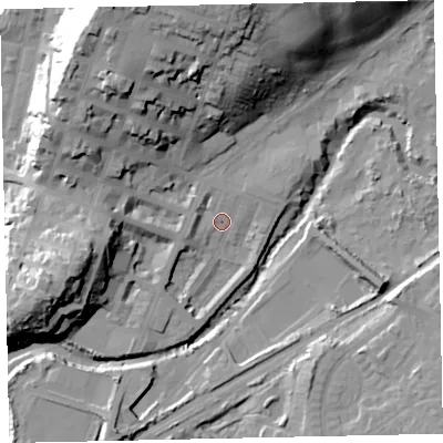 Shaded relief map of the ground around CA156ND, computed from Environment Agency LiDAR. The ground here sits at about 8 m above sea level and falls 35 m across the surrounding 800 m. Surface water reaching this point runs off ground lying to the north, 32.0 m higher.