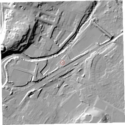 Shaded relief map of the ground around CA156NE, computed from Environment Agency LiDAR. The ground here sits at about 8 m above sea level and falls 33 m across the surrounding 800 m. Surface water reaching this point runs off ground lying to the east, 2.9 m higher.