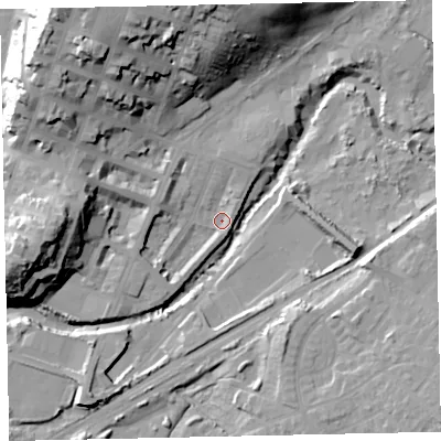 Shaded relief map of the ground around CA156NF, computed from Environment Agency LiDAR. The ground here sits at about 6 m above sea level and falls 30 m across the surrounding 800 m. Surface water reaching this point runs off ground lying to the north-north-west, 27.0 m higher.