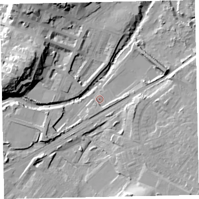Shaded relief map of the ground around CA156NQ, computed from Environment Agency LiDAR. The ground here sits at about 7 m above sea level and falls 26 m across the surrounding 800 m. Surface water reaching this point runs off ground lying to the east, 3.6 m higher.