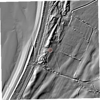 Shaded relief map of the ground around CA156PB, computed from Environment Agency LiDAR. The ground here sits at about 9 m above sea level and falls 15 m across the surrounding 800 m. Surface water reaching this point runs off ground lying to the south-west, 1.6 m higher.