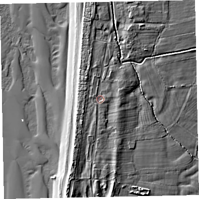Shaded relief map of the ground around CA156PD, computed from Environment Agency LiDAR. The ground here sits at about 7 m above sea level and falls 11 m across the surrounding 800 m. Surface water reaching this point runs off ground lying to the east-north-east, 1.8 m higher.