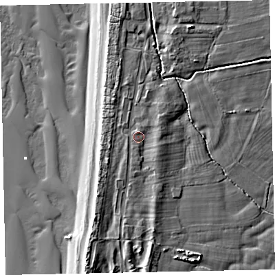 Shaded relief map of the ground around CA156PE, computed from Environment Agency LiDAR. The ground here sits at about 8 m above sea level and falls 11 m across the surrounding 800 m. Surface water reaching this point runs off ground lying to the north, 1.2 m higher.