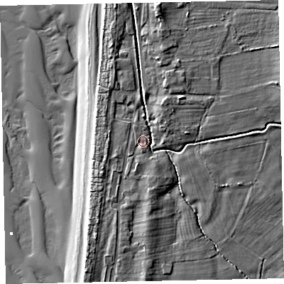 Shaded relief map of the ground around CA156PG, computed from Environment Agency LiDAR. The ground here sits at about 7 m above sea level and falls 11 m across the surrounding 800 m. Surface water reaching this point runs off ground lying to the north-east, 4.0 m higher.