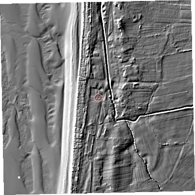 Shaded relief map of the ground around CA156PQ, computed from Environment Agency LiDAR. The ground here sits at about 7 m above sea level and falls 11 m across the surrounding 800 m. Surface water reaching this point runs off ground lying to the south-south-east, 2.6 m higher.