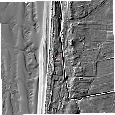 Shaded relief map of the ground around CA156PT, computed from Environment Agency LiDAR. The ground here sits at about 7 m above sea level and falls 12 m across the surrounding 800 m. Surface water reaching this point runs off ground lying to the west, 2.3 m higher.