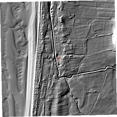 Shaded relief map of the ground around CA156PU, computed from Environment Agency LiDAR. The ground here sits at about 7 m above sea level and falls 14 m across the surrounding 800 m. Surface water reaching this point runs off ground lying to the east-north-east, 7.8 m higher.