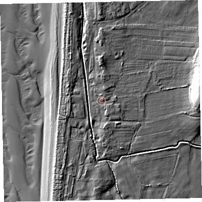 Shaded relief map of the ground around CA156QA, computed from Environment Agency LiDAR. The ground here sits at about 7 m above sea level and falls 17 m across the surrounding 800 m. Surface water reaching this point runs off ground lying to the north-east, 1.6 m higher.