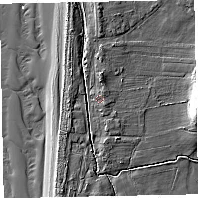 Shaded relief map of the ground around CA156QD, computed from Environment Agency LiDAR. The ground here sits at about 8 m above sea level and falls 17 m across the surrounding 800 m. Surface water reaching this point runs off ground lying to the north-east, 1.6 m higher.