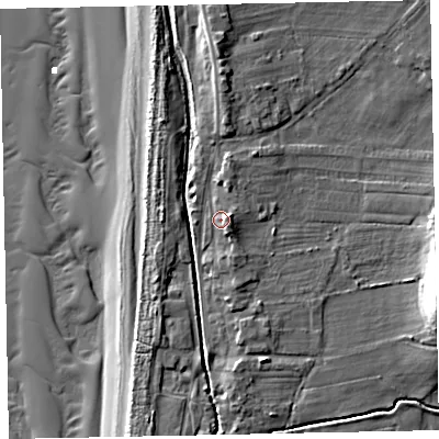 Shaded relief map of the ground around CA156QE, computed from Environment Agency LiDAR. The ground here sits at about 8 m above sea level and falls 16 m across the surrounding 800 m. Surface water reaching this point runs off ground lying to the east, 2.3 m higher.
