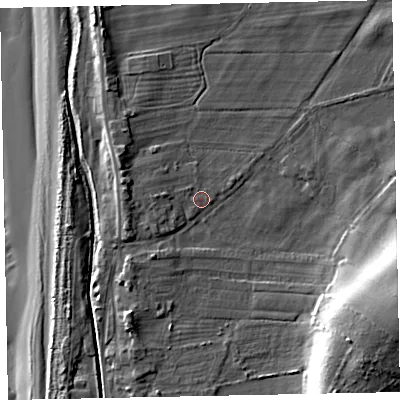 Shaded relief map of the ground around CA156QG, computed from Environment Agency LiDAR. The ground here sits at about 8 m above sea level and falls 20 m across the surrounding 800 m. Surface water reaching this point runs off ground lying to the west-south-west, 2.4 m higher.