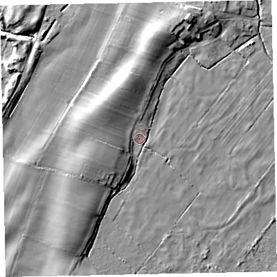 Shaded relief map of the ground around CA156QL, computed from Environment Agency LiDAR. The ground here sits at about 8 m above sea level and falls 11 m across the surrounding 800 m. Surface water reaching this point runs off ground lying to the north-north-west, 6.1 m higher.