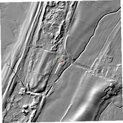 Shaded relief map of the ground around CA156QS, computed from Environment Agency LiDAR. The ground here sits at about 8 m above sea level and falls 15 m across the surrounding 800 m. Surface water reaching this point runs off ground lying to the north, 4.7 m higher.