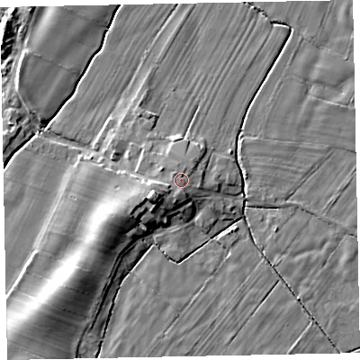 Shaded relief map of the ground around CA156QT, computed from Environment Agency LiDAR. The ground here sits at about 12 m above sea level and falls 10 m across the surrounding 800 m. Surface water reaching this point runs off ground lying to the south-west, 2.0 m higher.