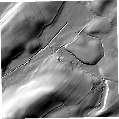 Shaded relief map of the ground around CA156QU, computed from Environment Agency LiDAR. The ground here sits at about 13 m above sea level and falls 21 m across the surrounding 800 m. Surface water reaching this point runs off ground lying to the south-south-east, 6.3 m higher.
