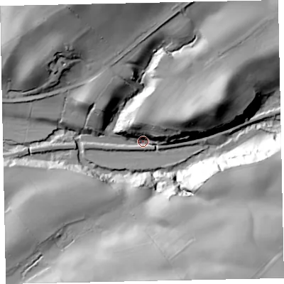 Shaded relief map of the ground around CA156RF, computed from Environment Agency LiDAR. The ground here sits at about 13 m above sea level and falls 46 m across the surrounding 800 m. Surface water reaching this point runs off ground lying to the north-east, 26.4 m higher.