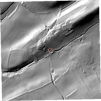Shaded relief map of the ground around CA156SJ, computed from Environment Agency LiDAR. The ground here sits at about 34 m above sea level and falls 58 m across the surrounding 800 m. Surface water reaching this point runs off ground lying to the north-west, 7.1 m higher.