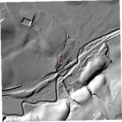Shaded relief map of the ground around CA156TN, computed from Environment Agency LiDAR. The ground here sits at about 32 m above sea level and falls 38 m across the surrounding 800 m. Surface water reaching this point runs off ground lying to the north-north-west, 3.7 m higher.