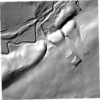 Shaded relief map of the ground around CA156TP, computed from Environment Agency LiDAR. The ground here sits at about 47 m above sea level and falls 43 m across the surrounding 800 m. Surface water reaching this point runs off ground lying to the south-east, 28.7 m higher.