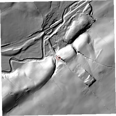 Shaded relief map of the ground around CA156TW, computed from Environment Agency LiDAR. The ground here sits at about 39 m above sea level and falls 42 m across the surrounding 800 m. Surface water reaching this point runs off ground lying to the south-east, 35.1 m higher.