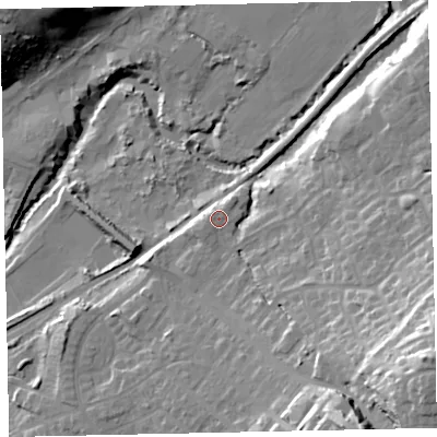 Shaded relief map of the ground around CA157AF, computed from Environment Agency LiDAR. The ground here sits at about 13 m above sea level and falls 38 m across the surrounding 800 m. Surface water reaching this point runs off ground lying to the south, 1.5 m higher.
