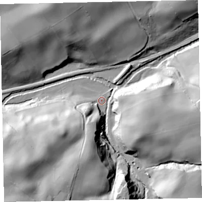 Shaded relief map of the ground around CA157JN, computed from Environment Agency LiDAR. The ground here sits at about 20 m above sea level and falls 44 m across the surrounding 800 m. Surface water reaching this point runs off ground lying to the east, 34.4 m higher.