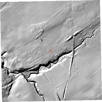 Shaded relief map of the ground around CA157JR, computed from Environment Agency LiDAR. The ground here sits at about 61 m above sea level and falls 31 m across the surrounding 800 m. The ground contributing surface water to this point lies to the south-south-west.