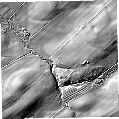 Shaded relief map of the ground around CA157LA, computed from Environment Agency LiDAR. The ground here sits at about 73 m above sea level and falls 26 m across the surrounding 800 m. Surface water reaching this point runs off ground lying to the east, 9.1 m higher.