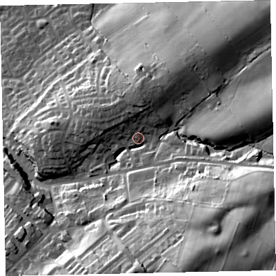 Shaded relief map of the ground around CA157RG, computed from Environment Agency LiDAR. The ground here sits at about 41 m above sea level and falls 57 m across the surrounding 800 m. Surface water reaching this point runs off ground lying to the east-south-east, 33.1 m higher.